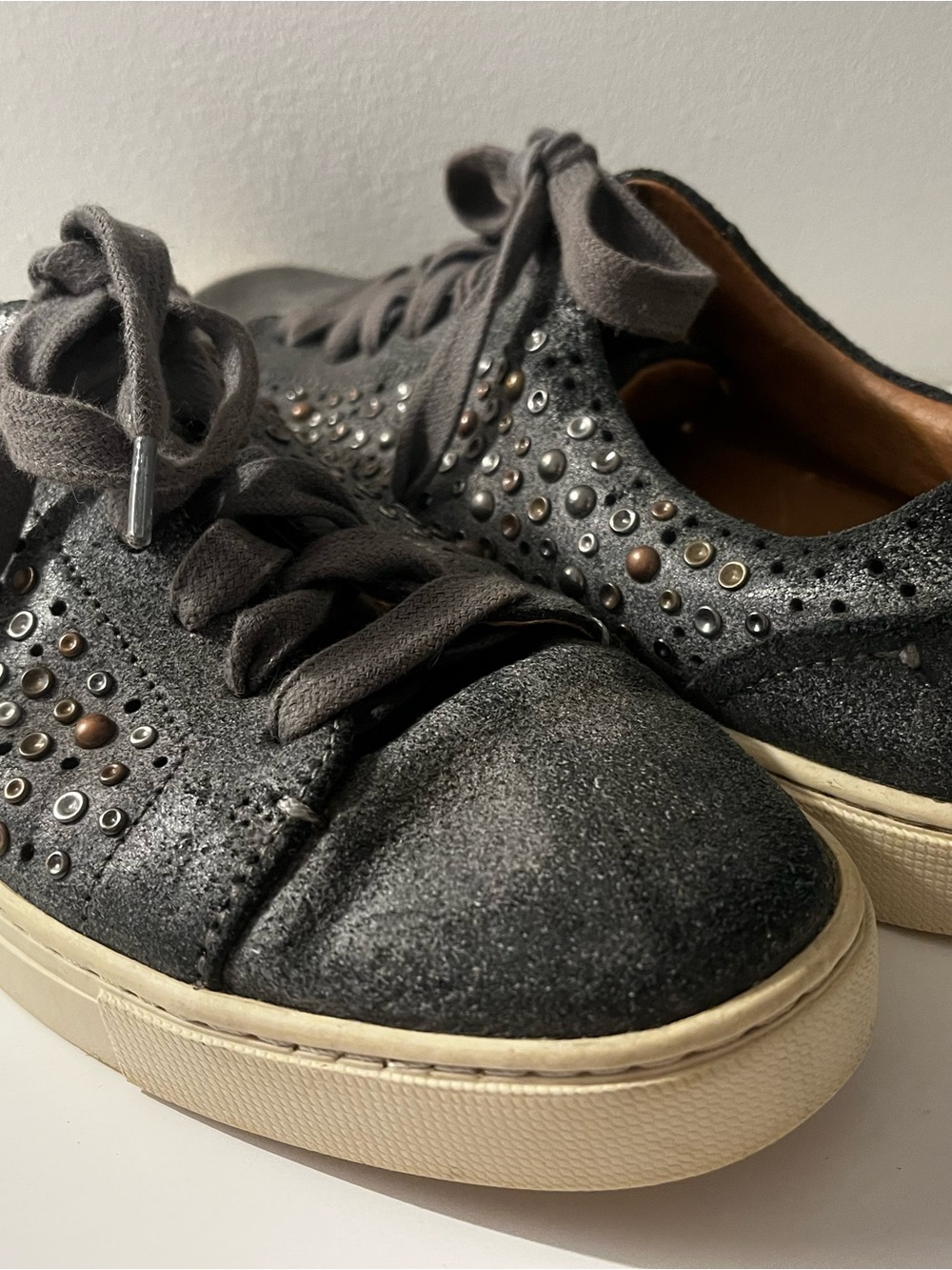 Frye Gray Studded Leather Sneakers